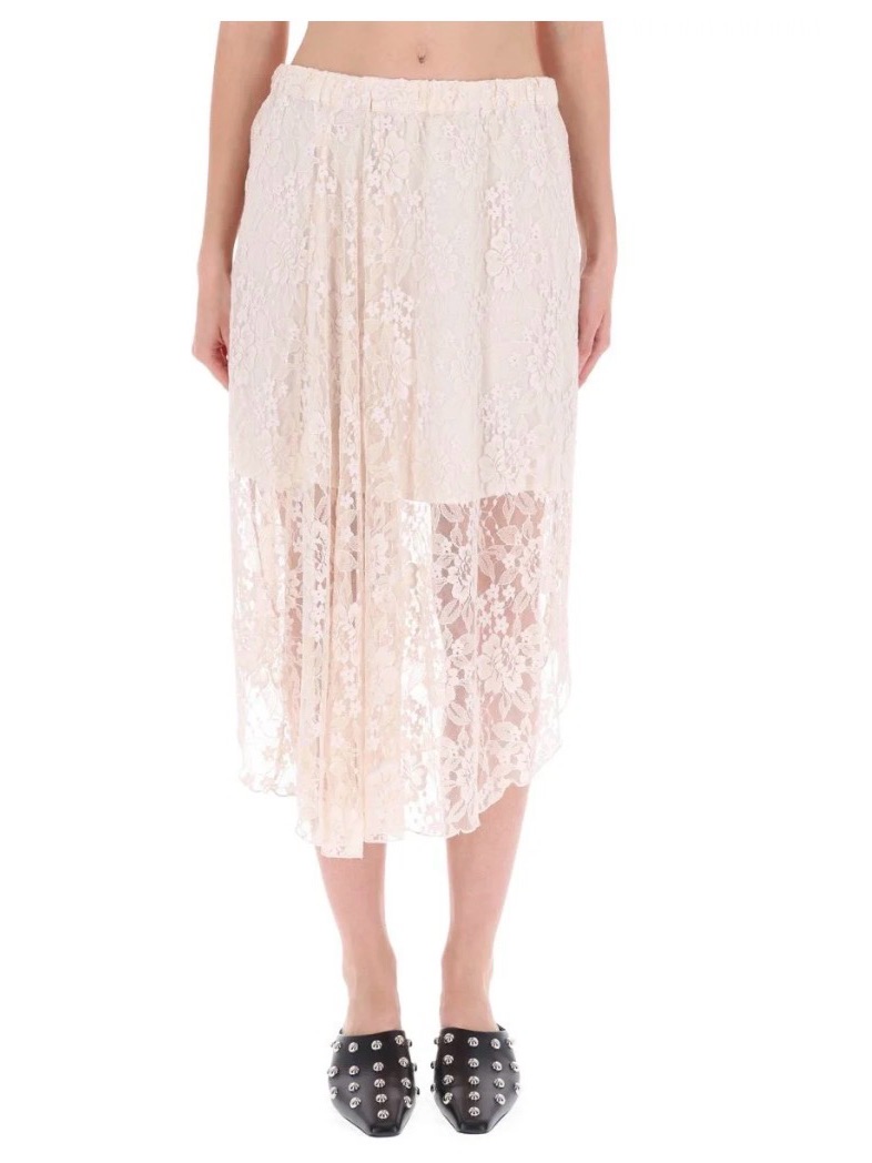 Baum Und Pferdgarten Light Cream Asymmetrical Lace Midi Skirt With Sheer Hem